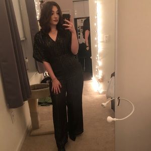 Black Metallic Striped Short Sleeve Jumpsuit